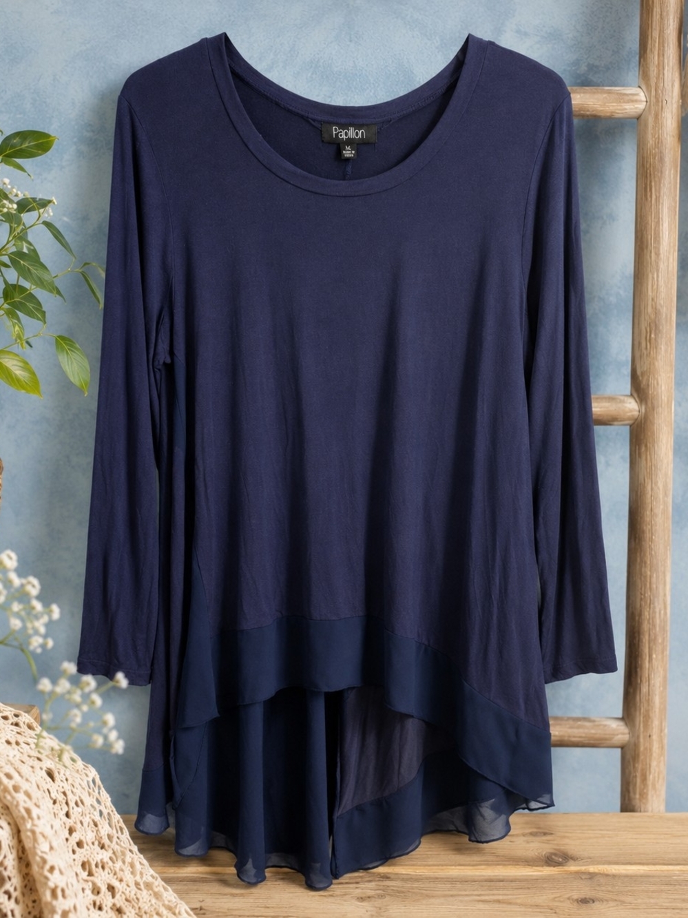 Papillon Navy Layered High Low Boho Tunic XL